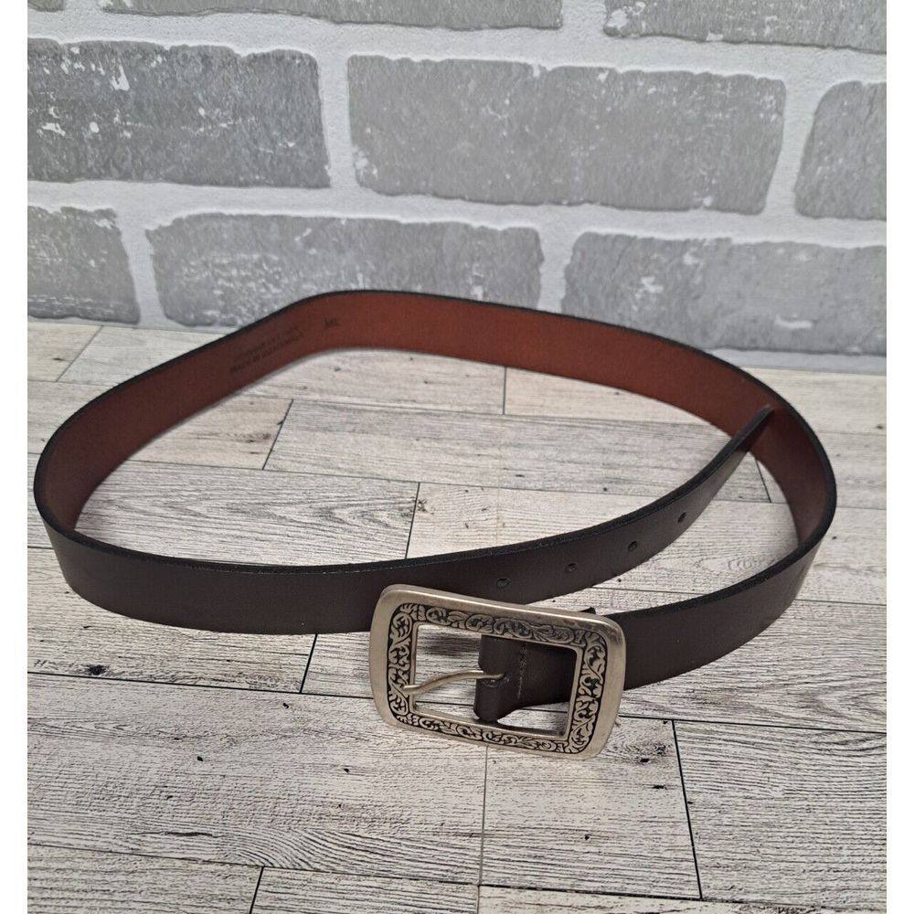 Vintage Genuine Leather Wstern Brown Square Silver Tone Buckle Belt‎ Size M/L